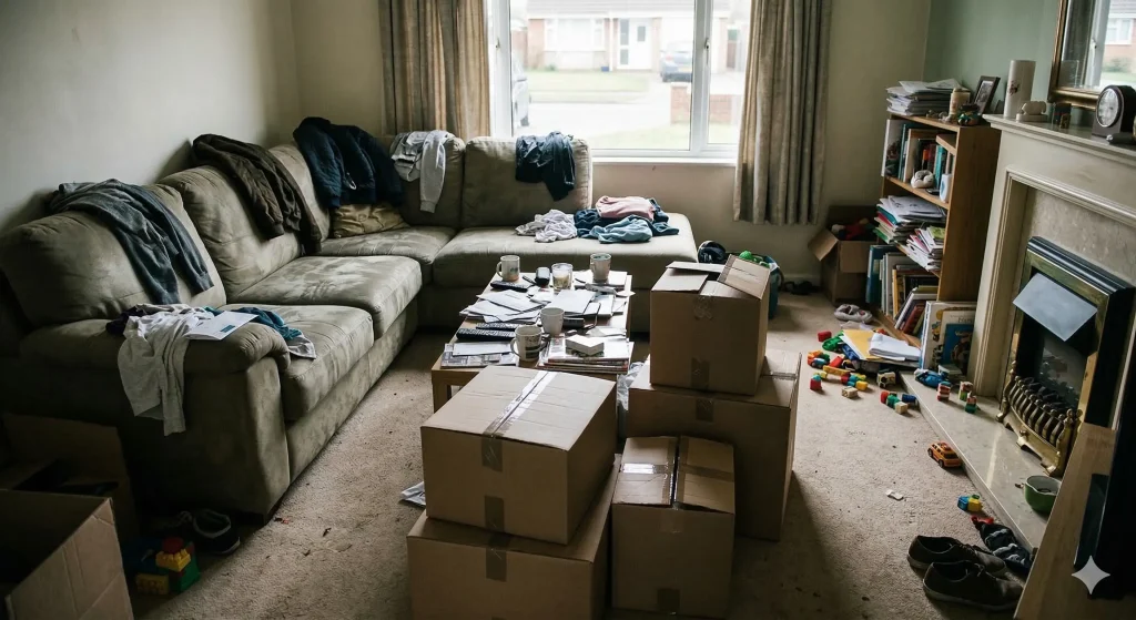 Cluttered living room showing why it is hard to sell tenant-occupied home PA on the traditional MLS market