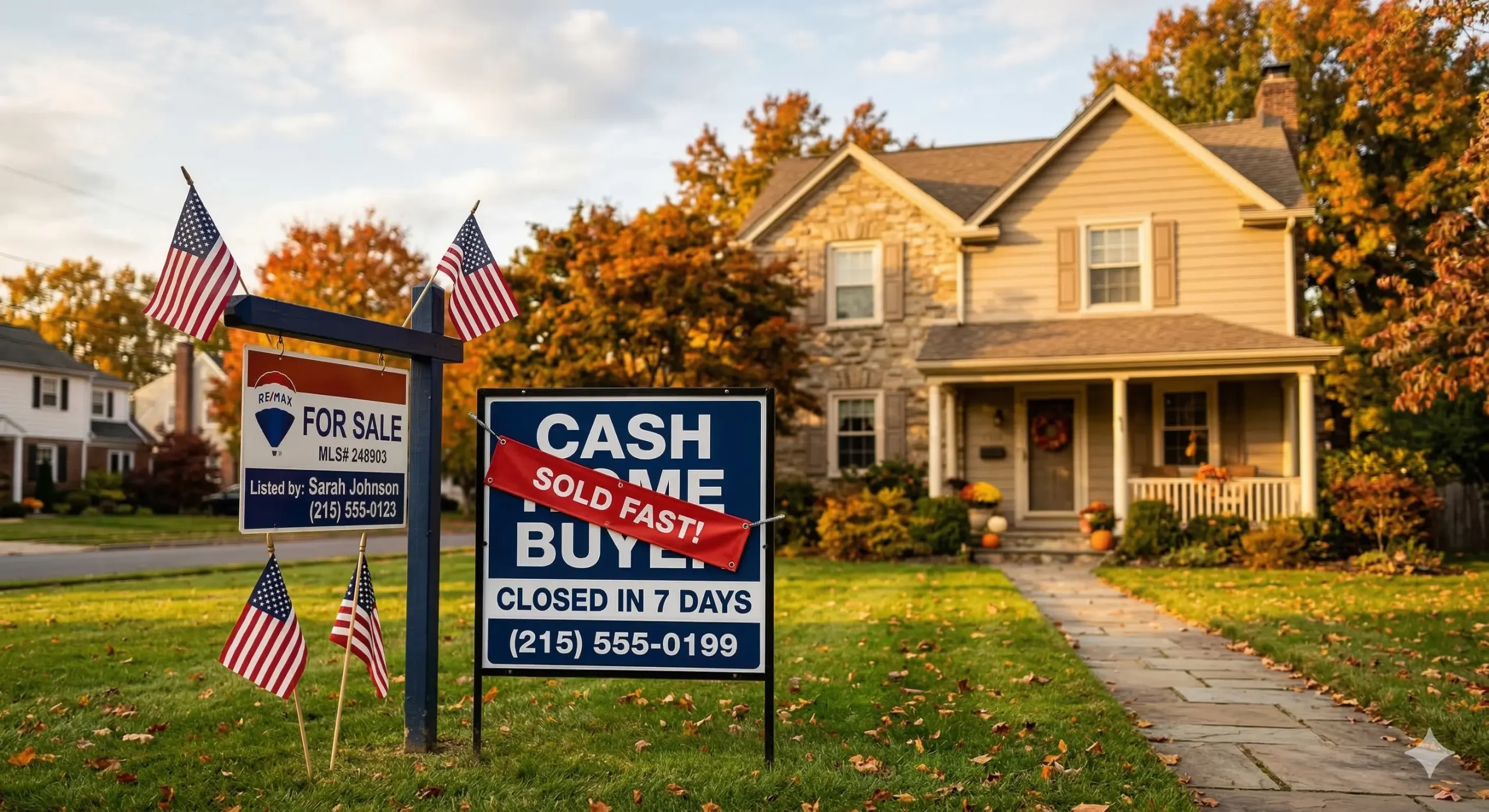 Comparison of a traditional realtor for sale sign and a fast cash home buyer sign in Pennsylvania