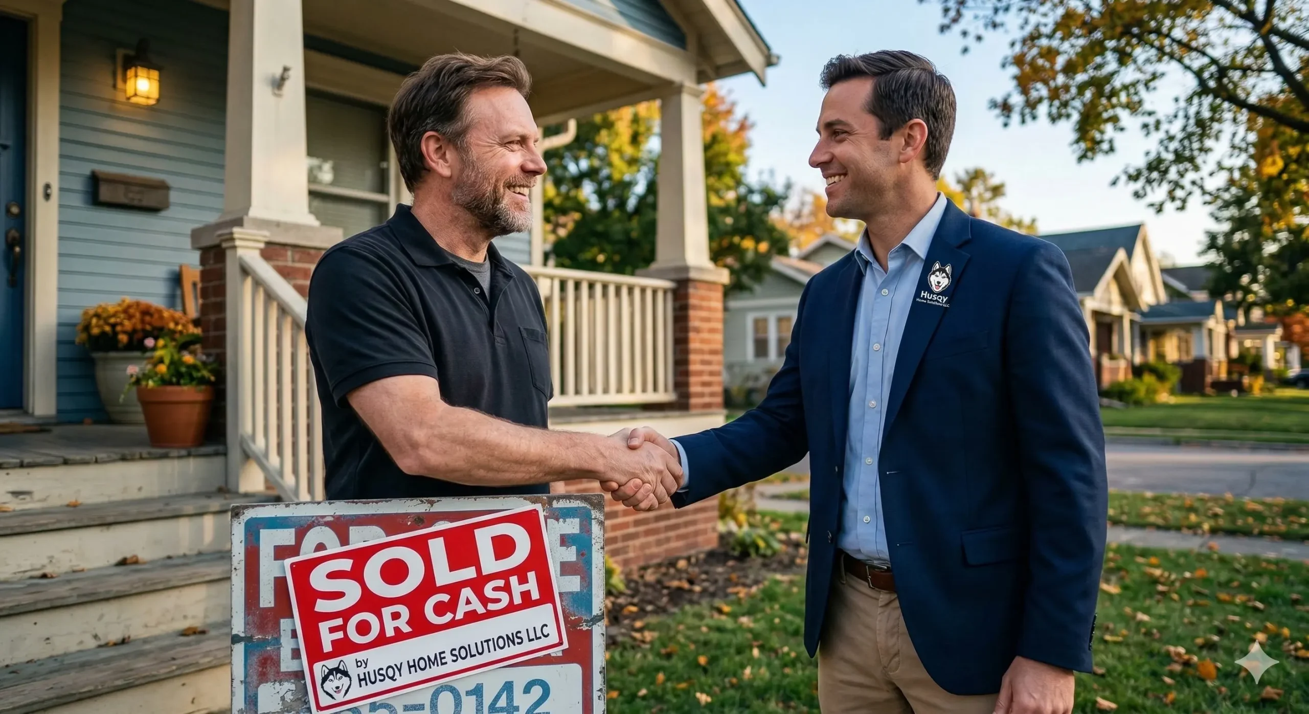 Happy homeowner shaking hands with a cash home buyer in Stroudsburg PA after a fast as-is house sale.