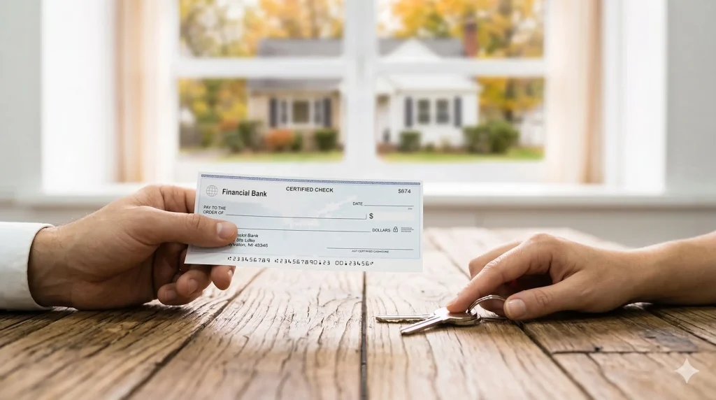 Homeowner receiving a fast cash check and handing over house keys to the best cash home buyers in Pennsylvania