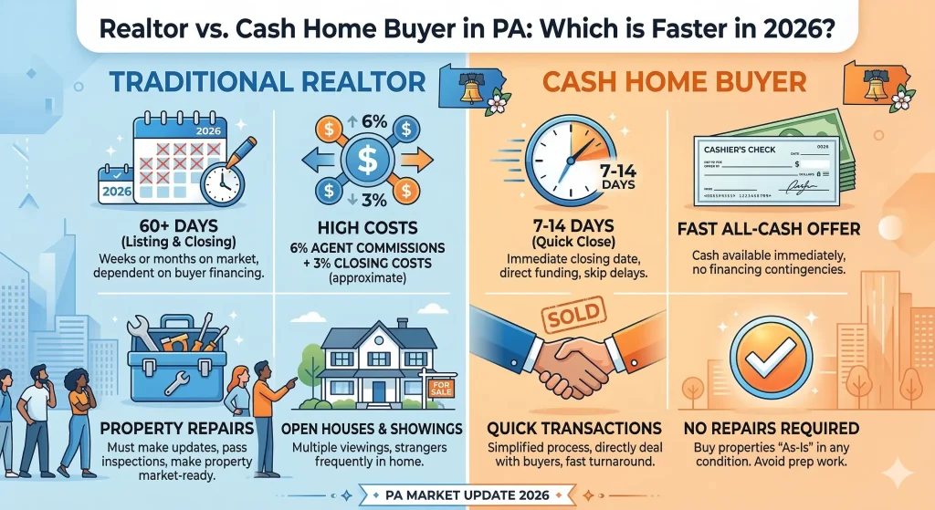 Infographic comparing timeline and costs of cash home buyers vs realtors in PA to sell a house fast for cash