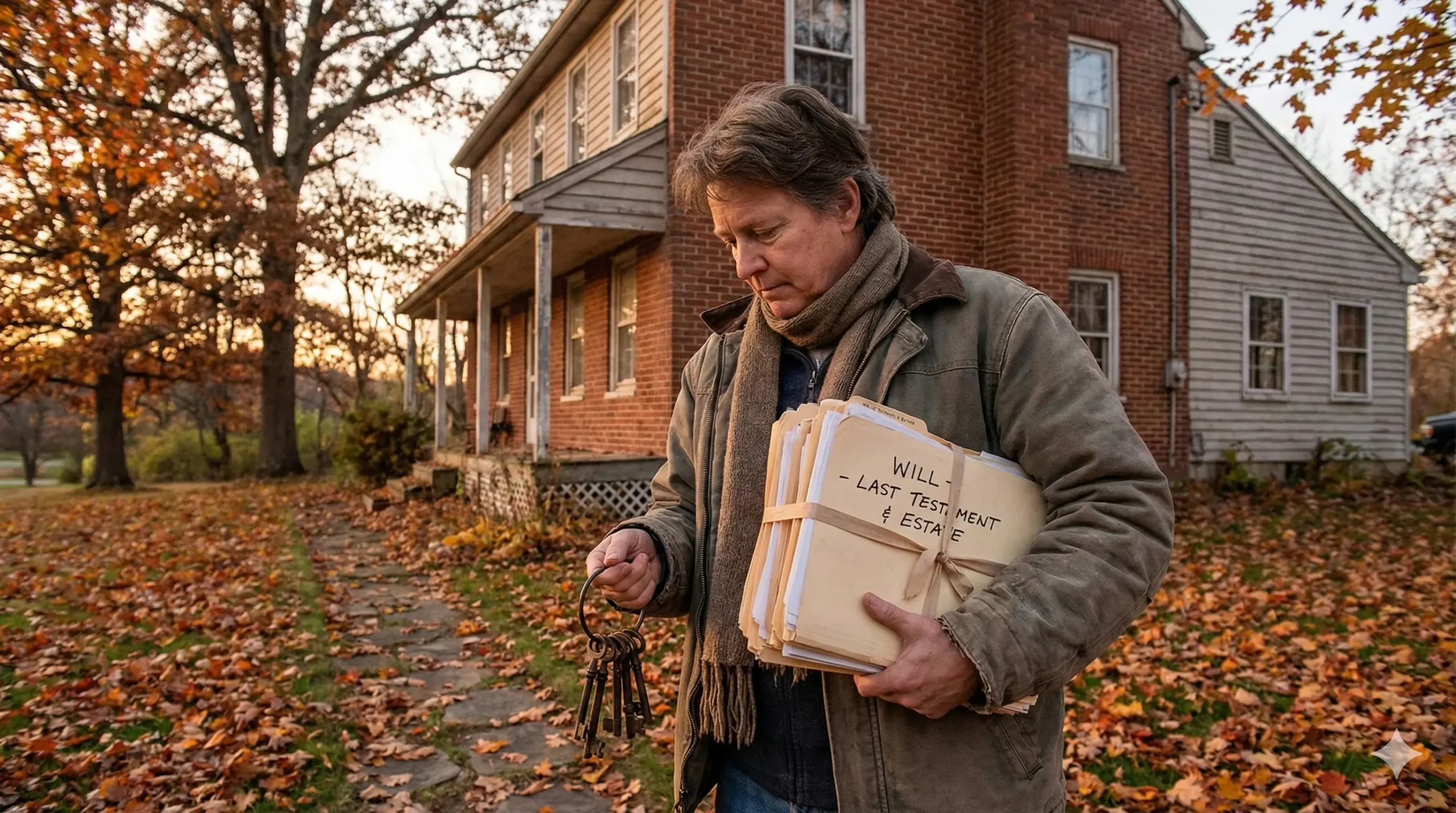 A thoughtful person holding a will and keys in front of a family home, contemplating how to sell an inherited house in PA.