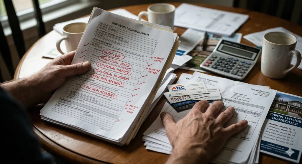 Stressed PA homeowner reviewing expensive repair bills and inspection reports before selling house to a realtor