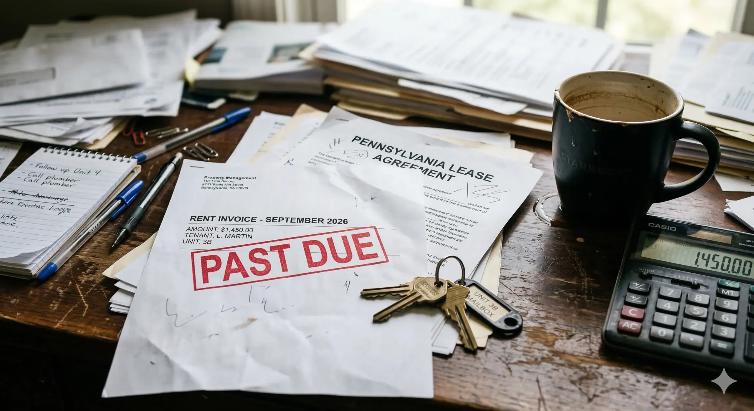 Tired landlord dealing with past due rent and lease agreements before deciding to sell rental property with tenants PA
